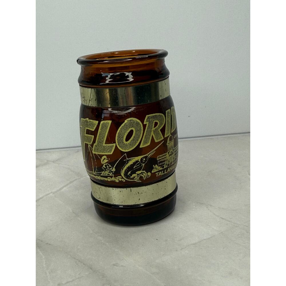 Siesta Ware Brown FLORIDA Toothpick Shot Barrel Glass Wood Handle Gold Trim 4 oz